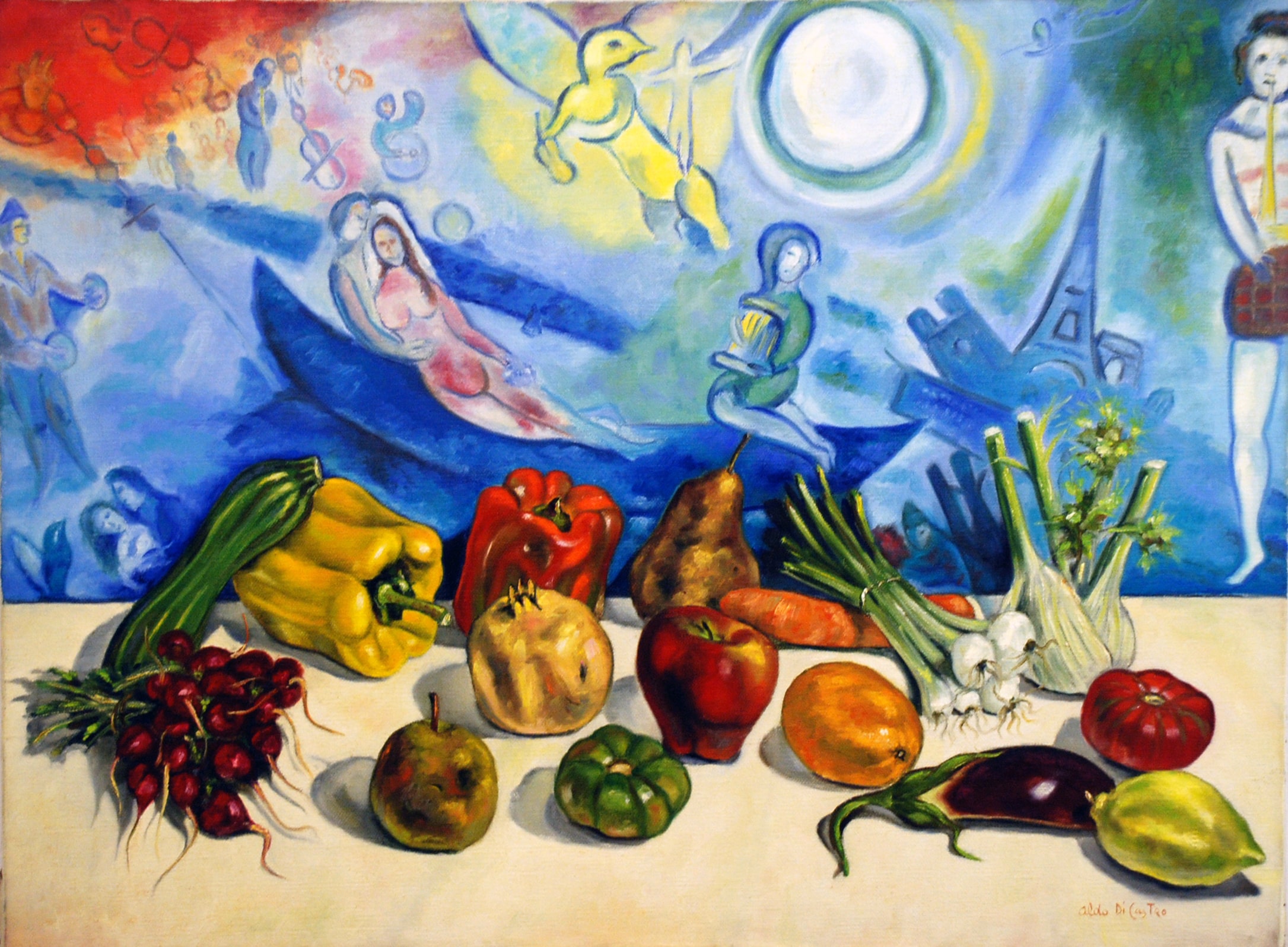 Natura morta ed omaggio a Macc Chagall - olio su tela - 1975 - 60x80